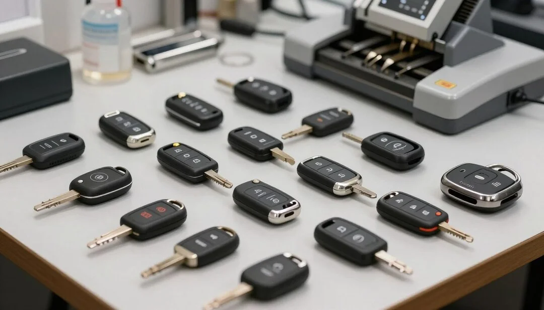 Different types of car keys including standard transponder and smart keys
