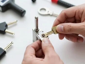 Locksmith repairing commercial storefront door lock for retail business in Phoenix