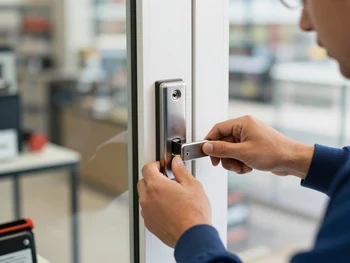 Professional commercial locksmith securing business entrance door in Phoenix Arizona