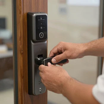 After hours emergency locksmith unlocking commercial business door at night in Phoenix